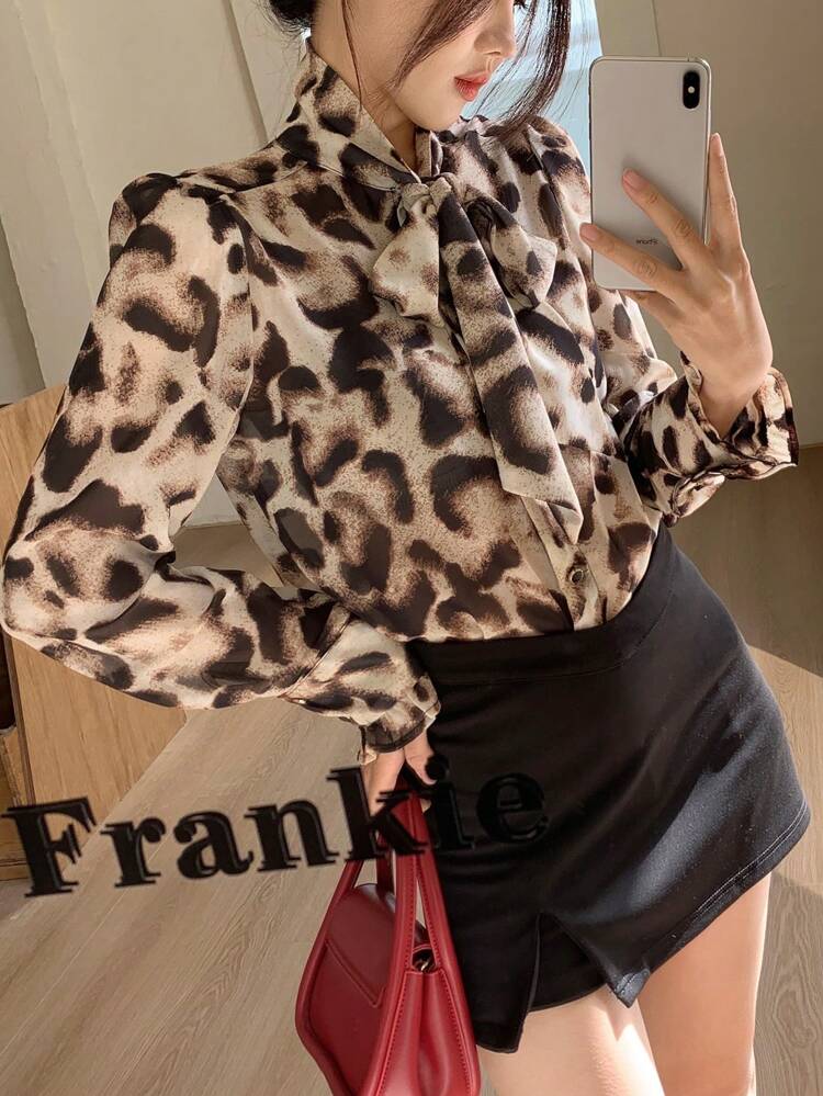 Women's Casual Leopard Print Chiffon Long Sleeve Blouse Cheetah Print,Fall Women Clothes