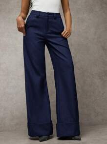 SHEIN BAE Damen graue einfarbige Twill-Gewebe Knopftasche einfache Lange Hose mit niedriger Taille, geeignet für lässige Pendlerwege, modische Streetwear, Vintage-Stil, Bürokleidung