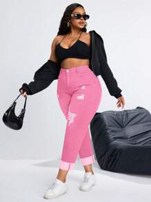 SHEIN SXY Plus Size Stretchy Denim Fashion Sexy Pants - Pink - View 7