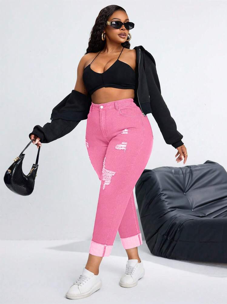 Slaydiva Plus Size Stretchy Denim Fashion Sexy Pants | SHEIN