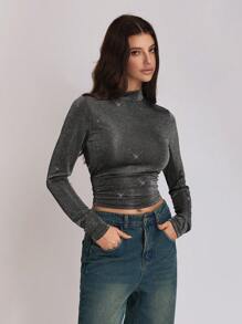 SHEIN Unity Women Glitter Long Sleeve Pleated High Neck Casual All-Match T-Shirt Fall Cloth For Women - Grey - View 4
