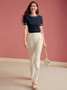 MOTF PREMIUM CONTRAST TRIM SHORT SLEEVE KNIT TOP KNIT PULLOVER FALL WINTER OUTFIT