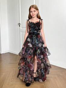 SHEIN Leap Crew Tween Girls Elegant Full Black Floral Print Gorgeous 2in1 Dress With Detachable Multiple Dresss - Palace Style, Birthday Dress, Party Dress - Black - View 11