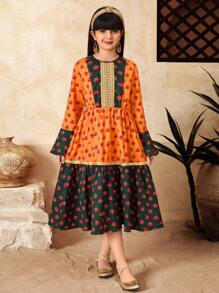 SHEIN 少女节日度假休闲茜草玫瑰复古印花拼接长袖连衣裙 - 橘色 - 查看 1