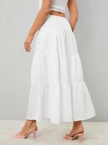 SHEIN Tall 女士纯色高腰系带荷叶边下摆长裙