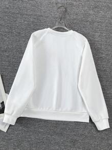 Chiquease Women Casual Solid Color Floral Embroidery Raglan Sleeve Sweatshirt, Autumn/Winter Pullover Fall - White - View 2