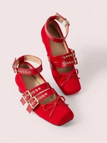 CUCCOO DOLLMOD Women's Bowknot Perforated Mary Jane Strap Buckle Square Toe Chunky Low Heel Punk Style Red Faux Suede Vegan Leather High Heel Pumps, Cute Personalized Street Fashion Valentine's Day - Red - View 6