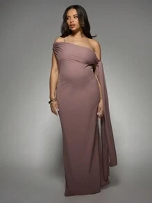 MISSGUIDED PLUS 优雅单肩褶饰长裙，带有戏剧性的侧褶晚礼服，特殊场合婚礼宾客加大码派对礼服