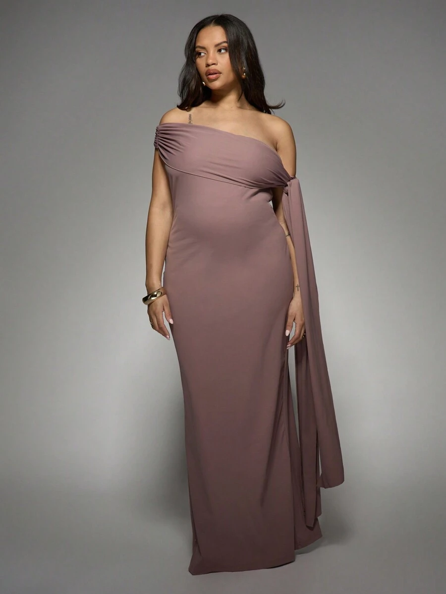 MISSGUIDED PLUS 优雅单肩褶饰长裙，带有戏剧性的侧褶晚礼服，特殊场合婚礼宾客加大码派对礼服