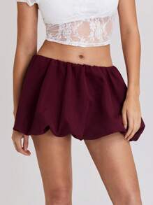 TRNVIE 1pc Women Burgundy Short, Bubble Skirt For Casual, Shopping, Commute