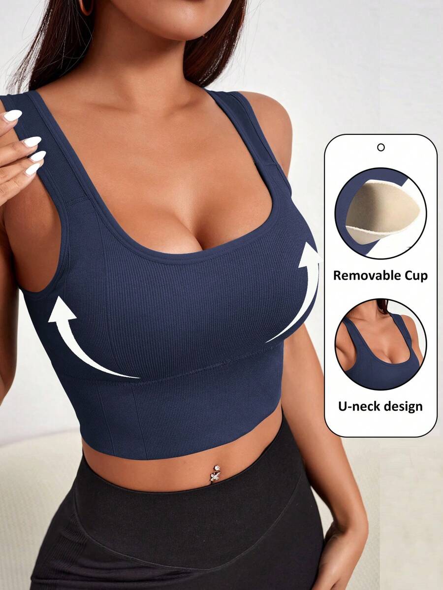 SHEIN Sport Studio Women's Plain Wide Strap Minimalist Casual Sports Bra, Seamless