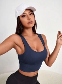 SHEIN Sport Studio Women's Plain Wide Strap Minimalist Casual Sports Bra, Seamless