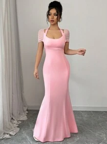 SHEIN PETITE Váy bó hở lưng cổ đan màu trơn thanh lịch kiểu Pháp dành cho nữ, mùa thu - Hồng - Xem 4