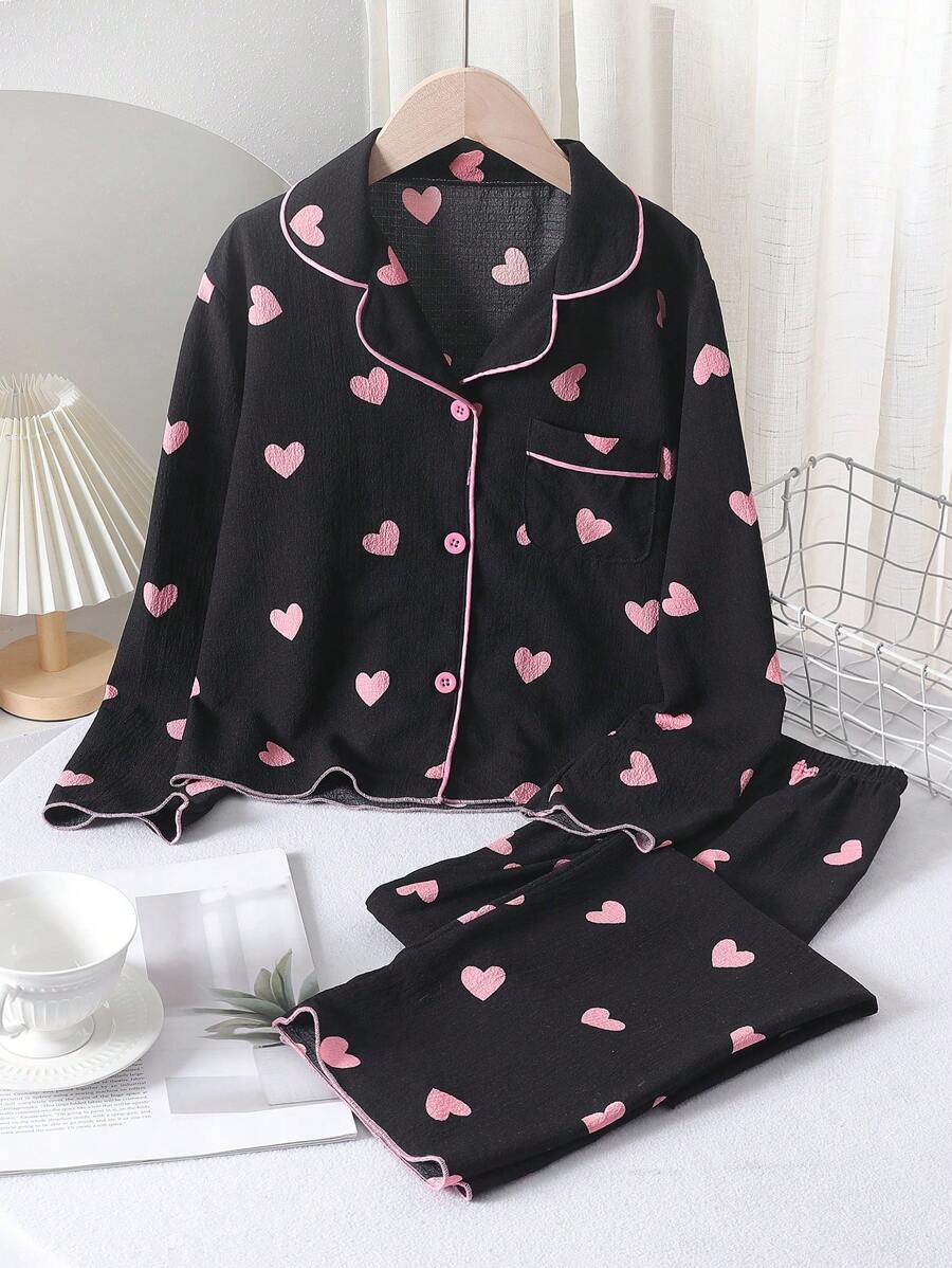 Tween Girl Pajamas For Girls, 2 Pieces Set Includes Cute Heart Print Long Pants And Long Sleeve Leisure Sleepwear - Black - View 1