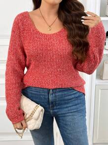 SHEIN Frenchy Plus Size Women Bow Decor Long Sleeve Casual Sweater, Autumn/Winter