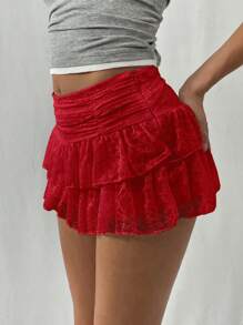 EgrlEra Falda mini de línea A de unicolor dulce con doble capa de encaje blanco y rojo, falda estilo Y2K