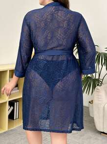 Sexy Sheer Lace Plus Size Women Long Sleeve Robe - Navy Blue - View 2