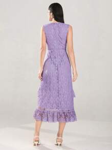 Modelyn Elegant Women's Solid Color Lace Ruffle Trim Mid-Length Dress - Purple - View 7