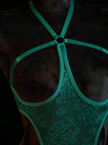 SHEIN 霓虹绿女士镂空性感连体衣内衣外衣，适合外出穿着