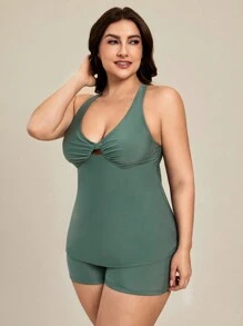 SHEIN Swim Curve Pantalones cortos de tablero de unicolor para la playa de verano, Top de bikini de espalda de nadador de talla grande ajustable