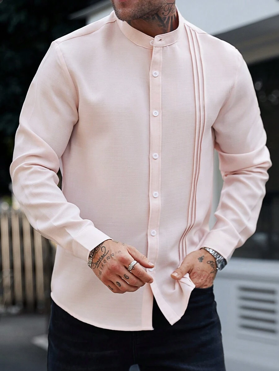 Manfinity Homme Men's Casual Business Commute Solid Color Long Sleeve Button-Up Shirt,Men's Solid Color Texture Casual Wrinkle Double Patch Bag Commuting Light Mature Long Sleeved Button Up Shirt, For Fall - Pink - View 1