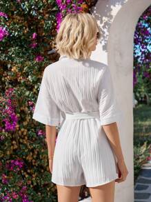 Vivid Eden 女士純色襯衫連身褲 - 白色 - 查看 4