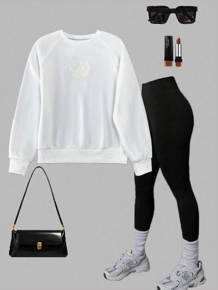 Chiquease Women Casual Solid Color Floral Embroidery Raglan Sleeve Sweatshirt, Autumn/Winter Pullover Fall - White - View 1