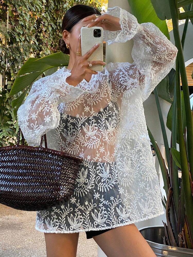 Women's Organza Hooded Drawstring Sheer Lace Ruffle Splicing Long Sleeve Blouse, Beach, Fall Women