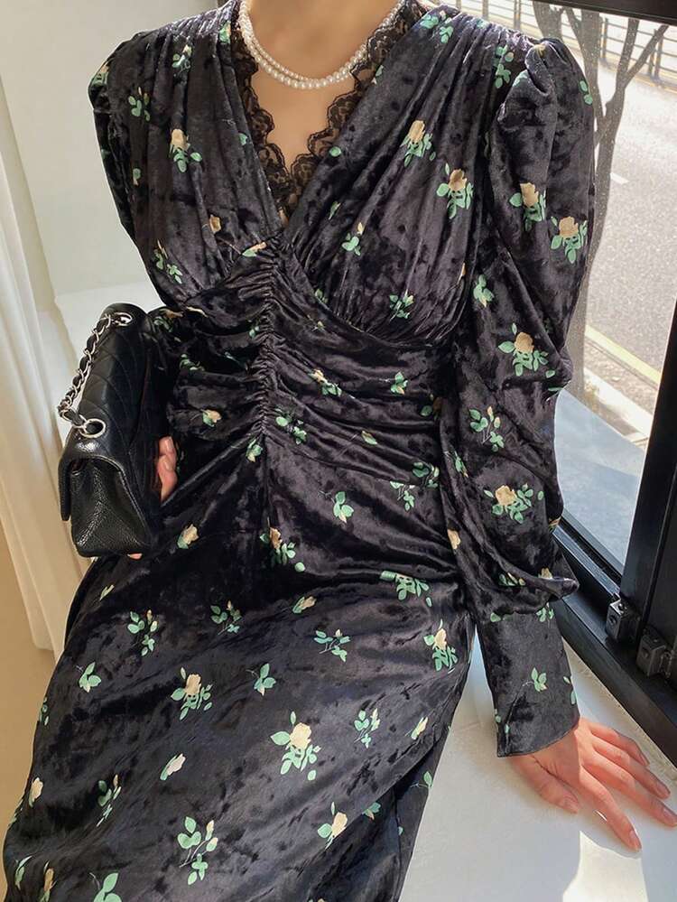 V-Neck Pleated Puff Sleeve Velvet Dress For Women,Fall Dress Long Sleeve Dress Maxi Dress Floral Dresses For Women