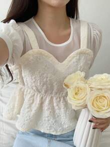 DAZY 女士休闲二合一短袖简约衬衫，日常穿着 - 杏色 - 查看 8