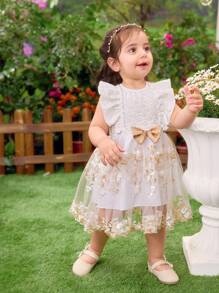 SHEIN Baby And Toddler Girls Cute And Sweet Little Cap Sleeve Round Neck Bow Embroidered Floral Mesh Dress, Fashionable, Suitable For Outdoor Activities, Indoor Events, Birthday Parties, Spring And Summer