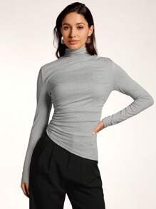 Modelyn Women Casual Everyday Versatile Solid Color High Neck Asymmetrical Hem Ruched Fitted Long Sleeve T-Shirt, Autumn Style - Dark Grey - View 2