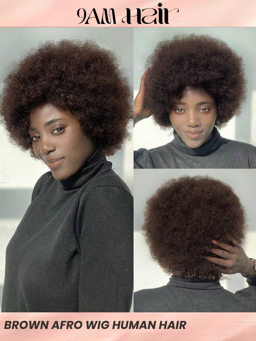 Afro Wig Human Hair Short Afro Kinky Curly Wig With Bangs 6 Inch Brown Afro Wig