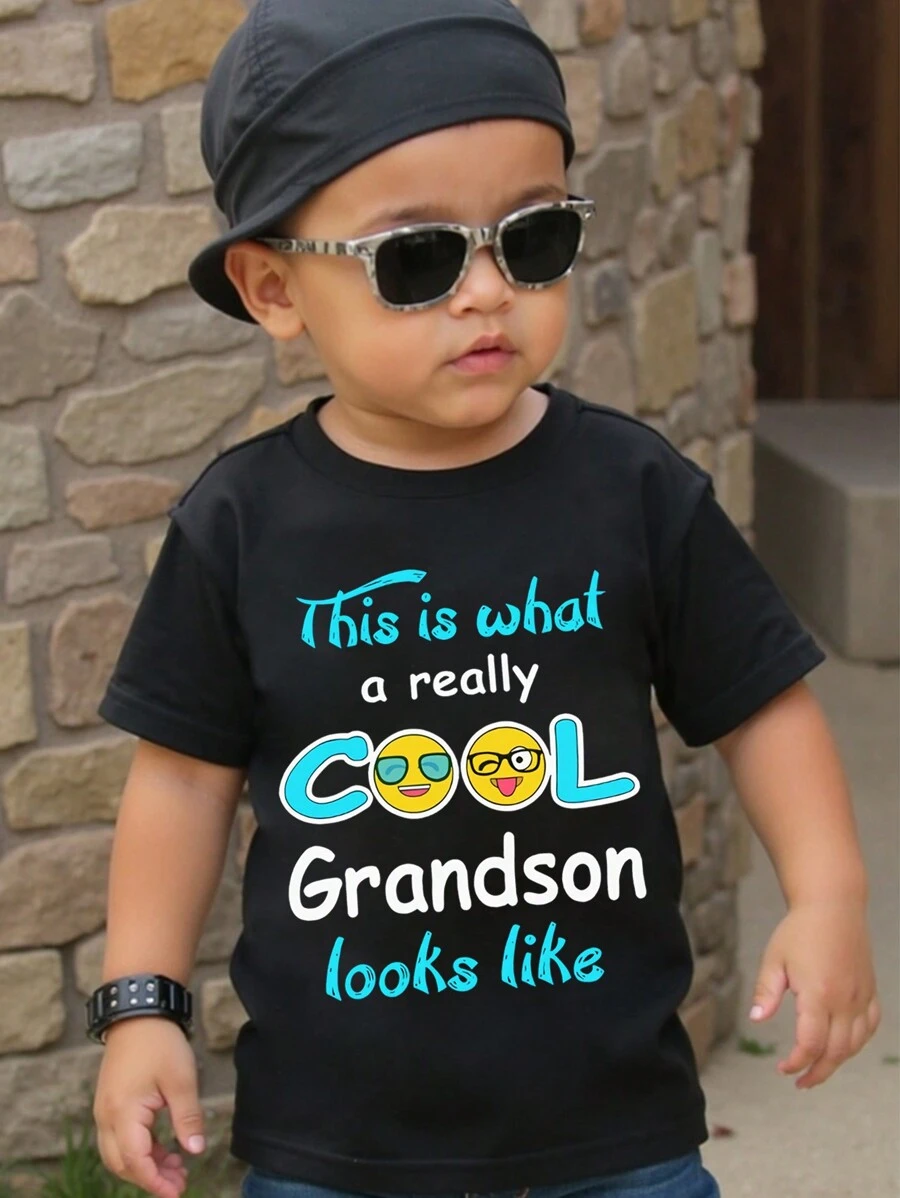 SHEIN Baby Boy Casual Stylish Cartoon Cute Ghost Face & Funny Slogan Print Short Sleeve T-Shirt