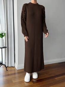 EURMUSE Round Neck Raglan Sleeve Maxi Sweater Dress With Beading - Brown - View 3