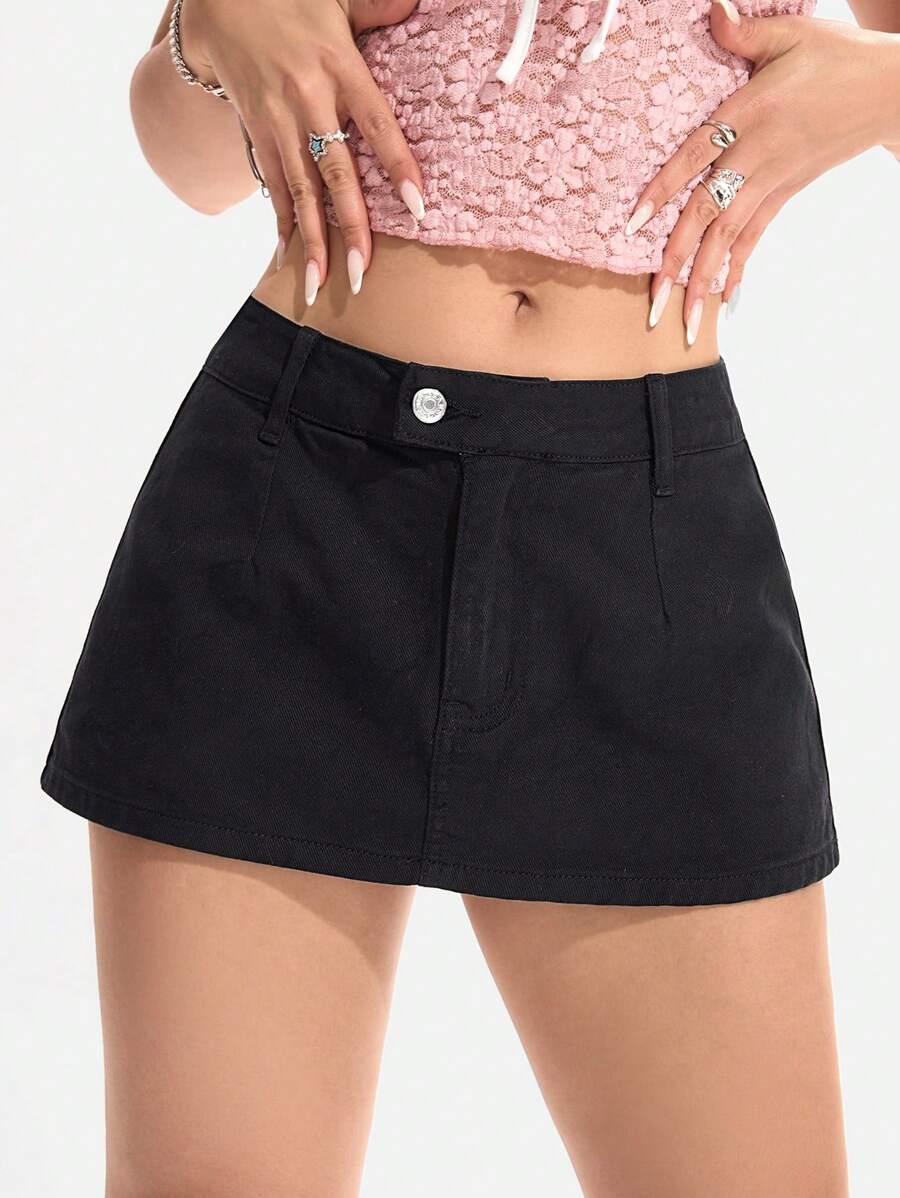 SHEIN EZwear Women's Solid Color Front Button Casual Denim Mini Skirt - Black - View 1