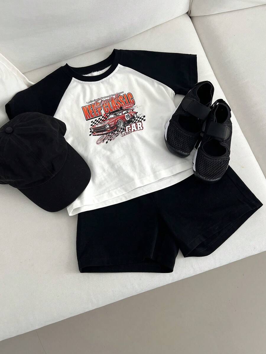 DAZY 2pcs/Set Young Boy Raglan Sleeve Print Top And Solid Shorts Set - Black and White - View 1