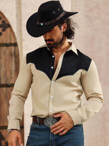 Manfinity Nomadique Men Rodeo Color Block Patchwork Button Front Long Sleeve Minimalist Casual Top, Daily Wear