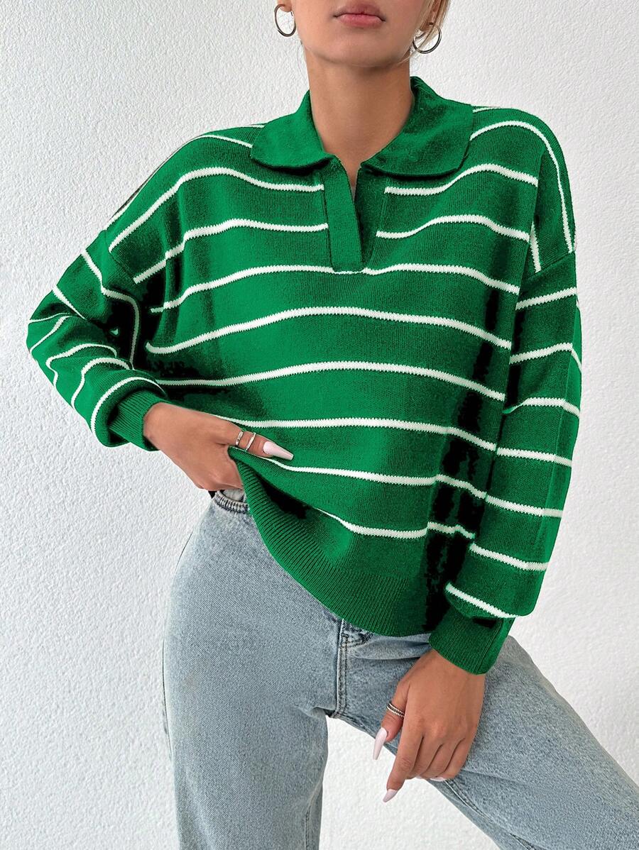EURMUSE Striped Pattern Drop Shoulder Sweater - Green - View 1