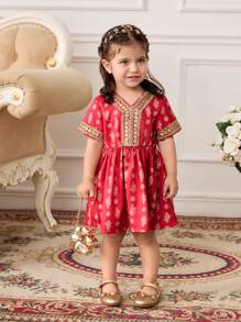 Baby Girl Infant Toddler 0-3Y Spring Summer New Luxe Vintage Palace Style Golden Polka Dot & Lace V-Neck Short Sleeve Red Dress - Red - View 1