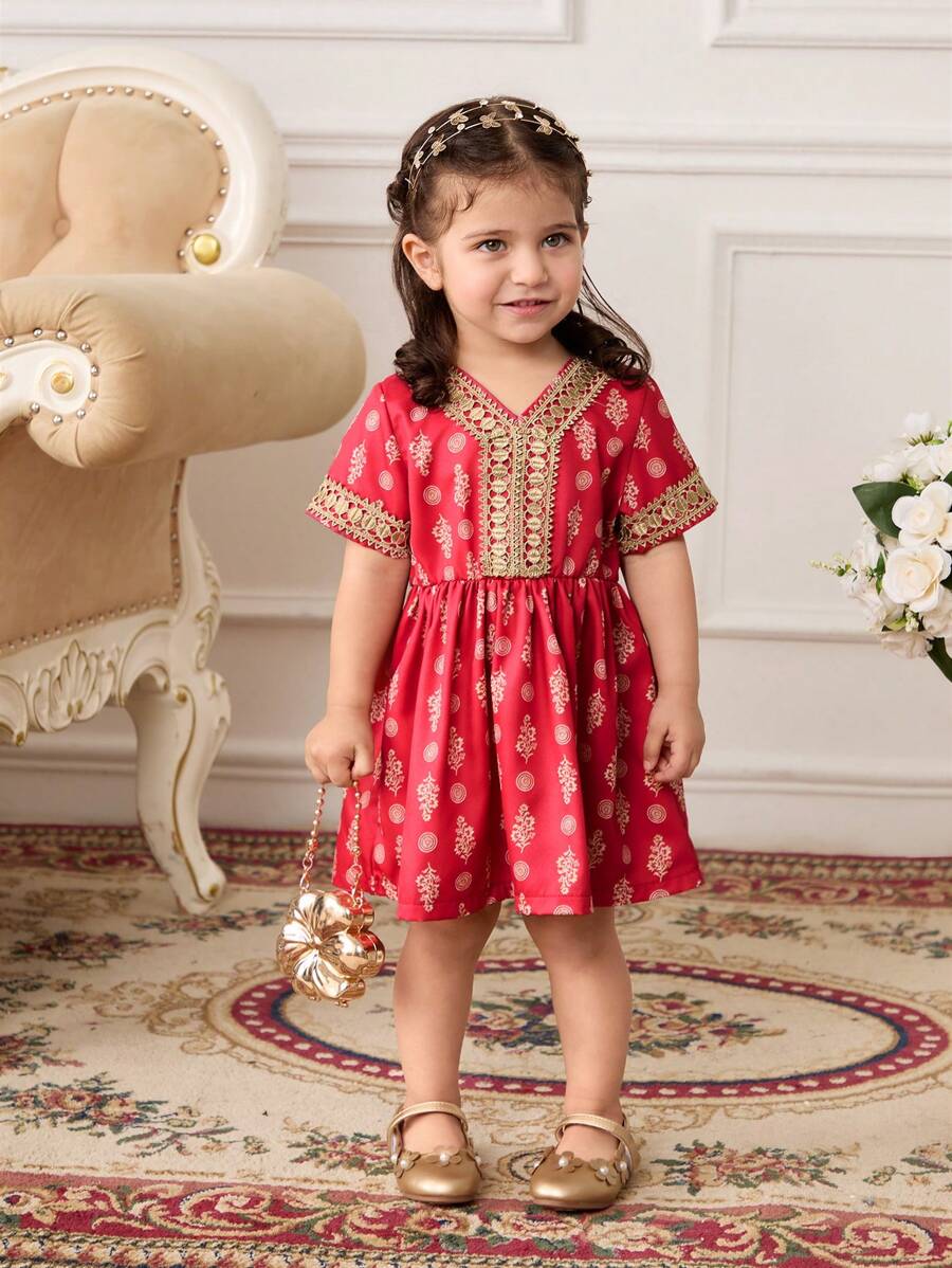 Baby Girl Infant Toddler 0-3Y Spring Summer New Luxe Vintage Palace Style Golden Polka Dot & Lace V-Neck Short Sleeve Red Dress - Red - View 1