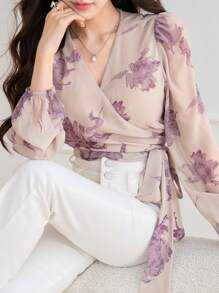 DAZY Áo kiểu nữ tay dài dáng ngắn họa tiết hoa, thích hợp cho kỳ nghỉ. - Nhiều màu - Xem 2