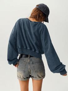 Bohemela Women Casual Solid Color Knit Drop Shoulder Loose Fit Pullover Sweatshirt - Dark Grey - View 8