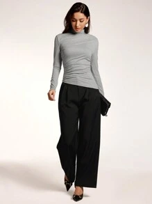 Modelyn Women Casual Everyday Versatile Solid Color High Neck Asymmetrical Hem Ruched Fitted Long Sleeve T-Shirt, Autumn Style - Dark Grey - View 6