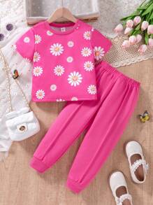 2pcs Young Girl Casual Pink Flower Short Sleeve T-Shirt & Drawstring Pants Set
