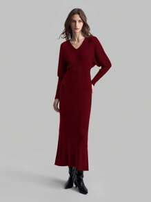 Ontre Women's 2025 New Spring Angola Red Elegant Solid Color Batwing Sleeve Sweater Dress - Red - View 5