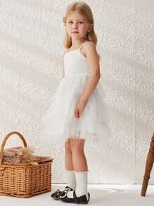 Blossori Young Girls French Elegant White Knit Mesh Panel A-Line Strap Dress, Spring/Summer - White - View 5