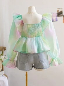 Soleia Women Plus Size Gradient Organza Tie Bow Ruffle Decor A-Line Flare Sleeve Blouse, Spring - Multicolor - View 2