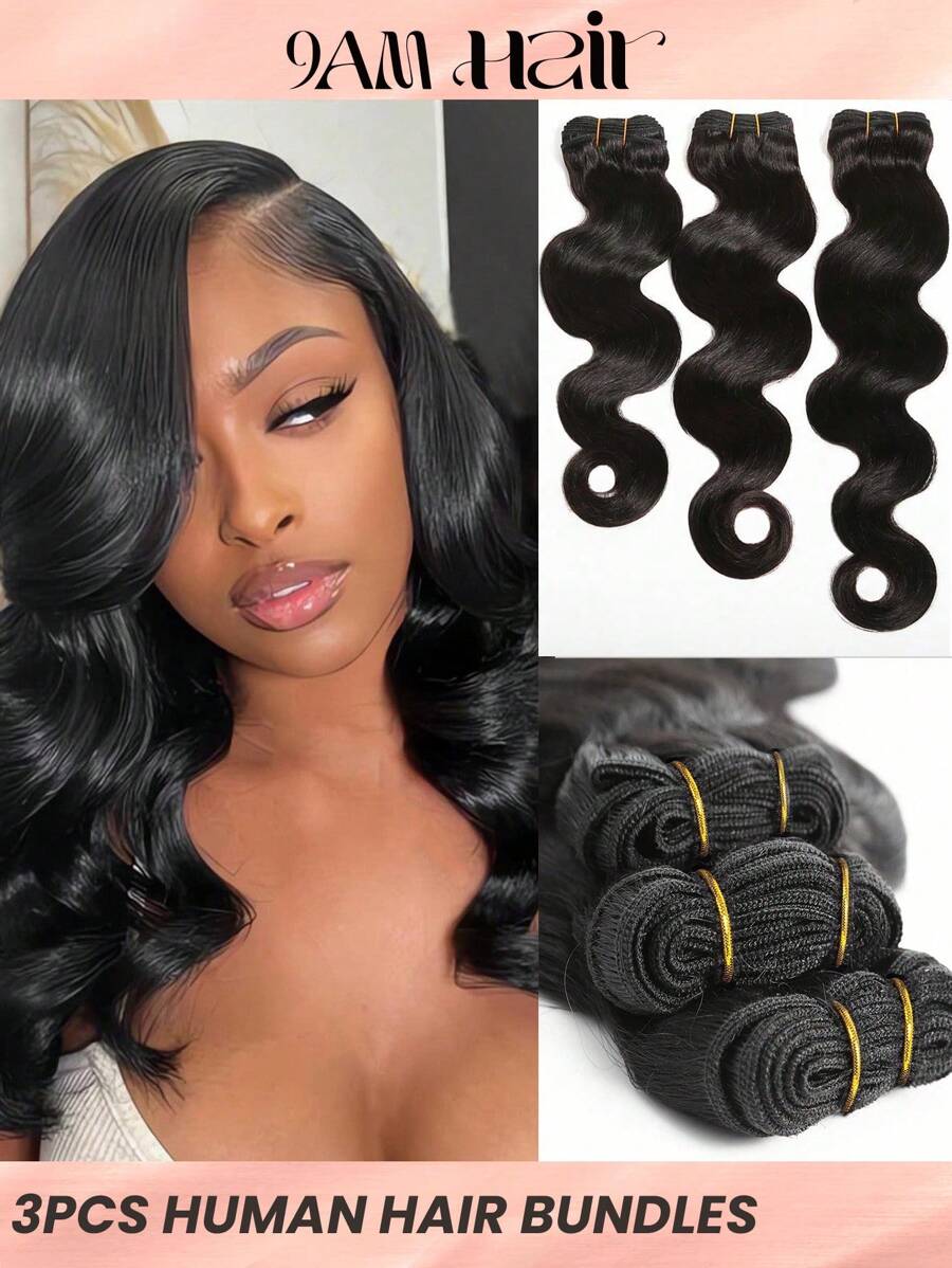 3pcs Body Wave Human Hair Bundles Virgin Hair Extension Double Weft 3 Bundles Weave Hair Extension Daily Use Natural Black Color