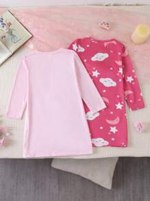 Young Girl Pink & Magenta Star, Moon, Cloud, Print Round Neck Long Sleeve Long 2pcs Nightgown Pajama Set - Multicolor - View 2